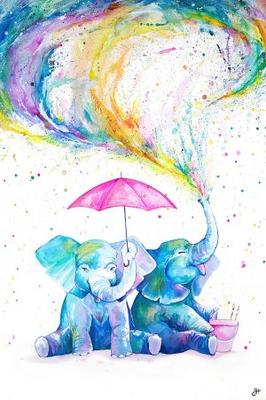Illustration of elephants with umbrella